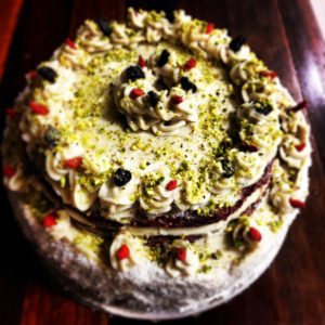 organic and raw red velvet cake with rose cream